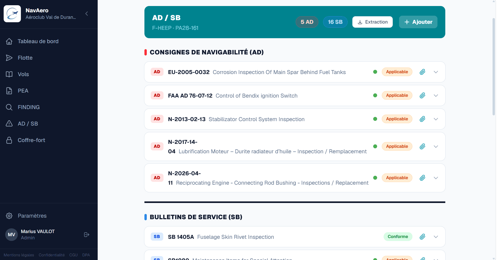 Capture d'écran de l'écran AD/SB NavAero listant les consignes de navigabilité et bulletins de service de F-HEEP