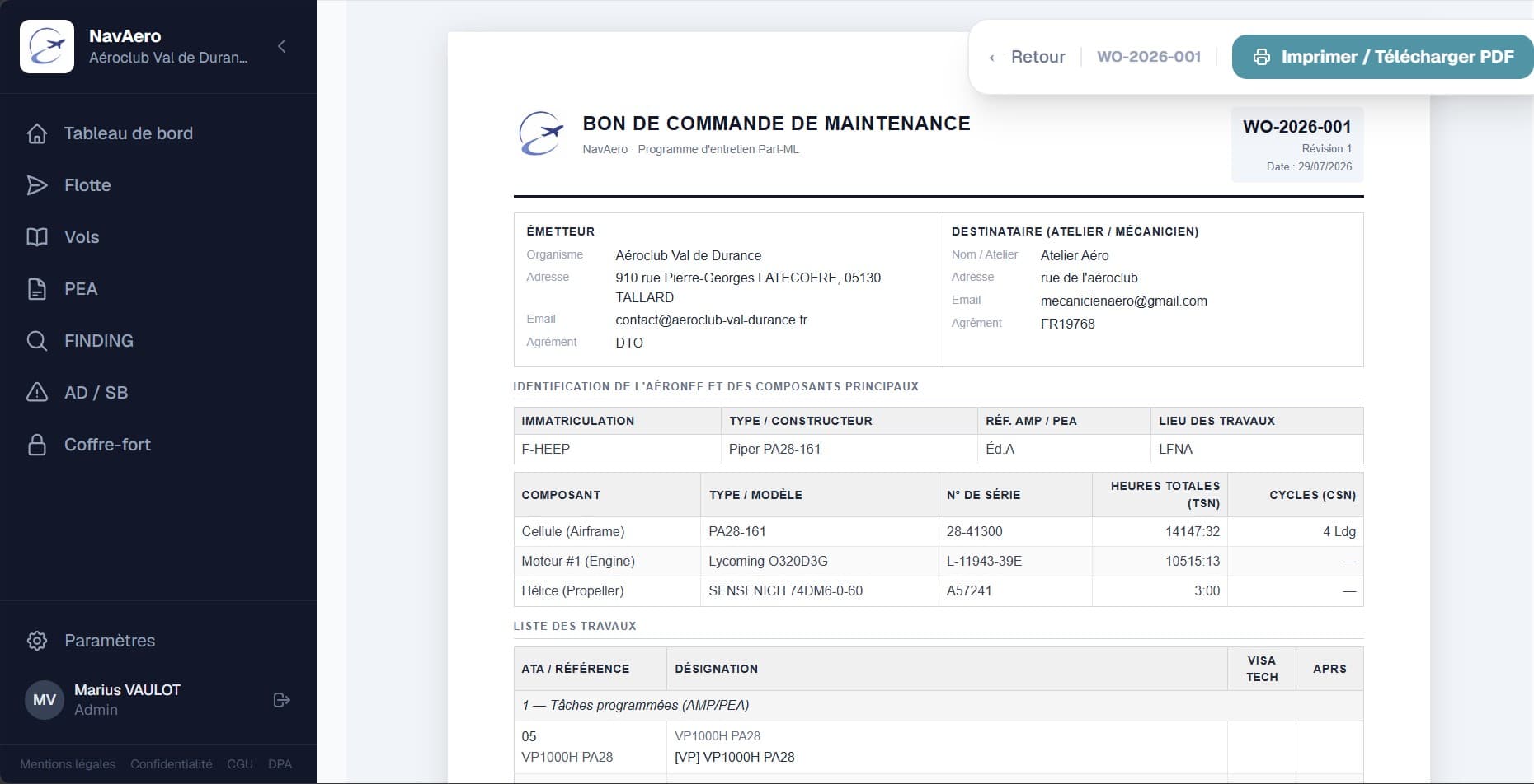 Capture d'écran d'un bon de commande de maintenance NavAero généré pour F-HEEP