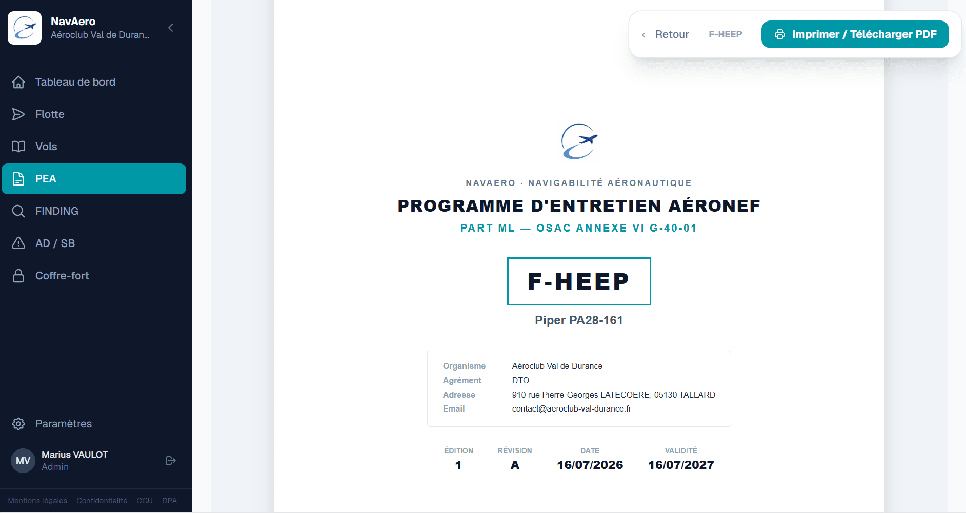 Capture d'écran NavAero du Programme d'Entretien Aéronef (PEA) au format Part-ML / OSAC pour F-HEEP